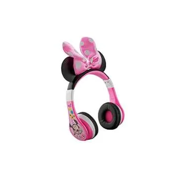 eKids Minnie Mouse Kids Bluetooth Headphones, Wireless with Microphone Includes Aux Cord, Volume Reduced Foldable Headphones for School, Home, or Travel, Pink
