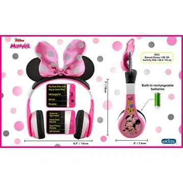 eKids Minnie Mouse Kids Bluetooth Headphones, Wireless with Microphone Includes Aux Cord, Volume Reduced Foldable Headphones for School, Home, or Travel, Pink