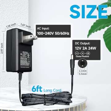 Power Adapter AC 100-240V to DC 12V 2A (2000mA) & 4-Way Power Splitter Cable for CCTV Security Camer...