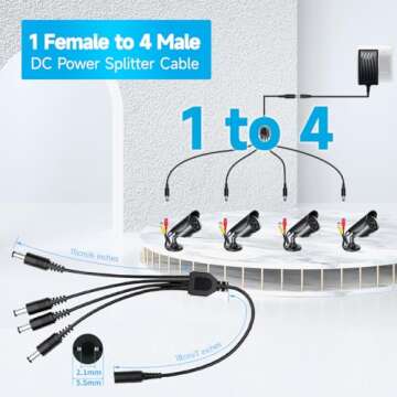 Power Adapter AC 100-240V to DC 12V 2A (2000mA) & 4-Way Power Splitter Cable for CCTV Security Camera/DVR/NVR/LED Strip Lights, UL/FCC/CE Certificated