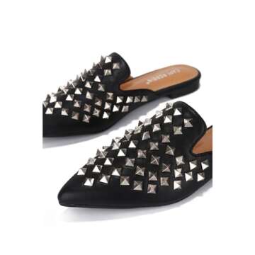 Cape Robbin Enny Slip On Flat Sandals Black Pointed Toe Embellished Mule Slides (Black, 7.5)