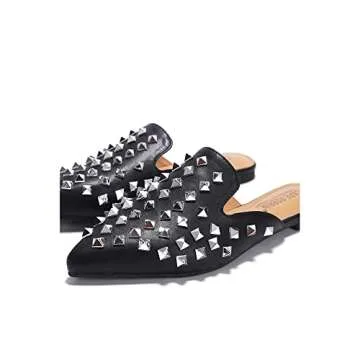Cape Robbin Enny Slip On Flat Sandals Black Pointed Toe Embellished Mule Slides (Black, 7.5)