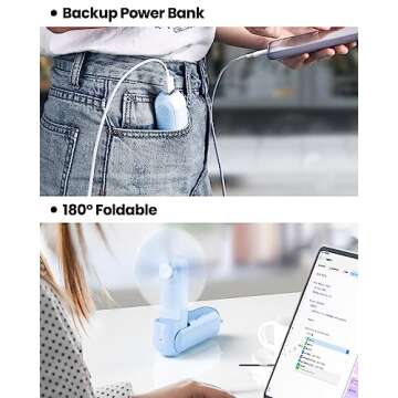 Gaiatop Portable Handheld Fan, Mini Rechargeable Folding Fans with Power Bank USB Battery Operated, Small Pocket Design for Eyelash Girls Women Travel Outdoor Sky Blue