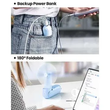 Gaiatop Portable Handheld Fan, Mini Rechargeable Folding Fans with Power Bank USB Battery Operated, Small Pocket Design for Eyelash Girls Women Travel Outdoor Sky Blue