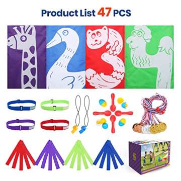 Skirfy 47PCS Carnival Games Potato Sack Race Bags for Adult and Kids, Egg Spoon Race Game, 3-Legged Race Bands Outdoor Birthday Easter Party Games for Family Lawn Yard Field Day Games