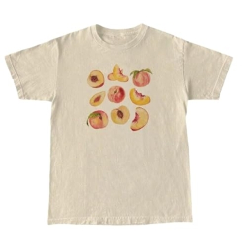 Vintage Peaches Printed Graphic Tees Summer Women Cute Short Sleeve Fruit Pirnt Summer T-Shirt Aesth...