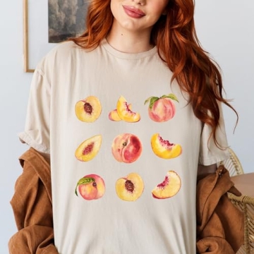 Vintage Peaches Printed Graphic Tees Summer Women Cute Short Sleeve Fruit Pirnt Summer T-Shirt Aesthetic Tops Khaki