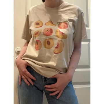 Vintage Peaches Printed Graphic Tees Summer Women Cute Short Sleeve Fruit Pirnt Summer T-Shirt Aesthetic Tops Khaki