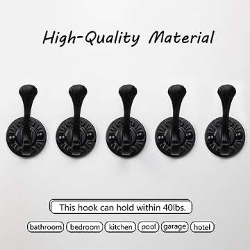 5pcs Black Coat Hooks Wall Mounted Coat Hooks Farmhouse Matte Black Wall Hooks with Screws Metal Matte Black Towel Hooks for Bathrooms Entryway Hooks for Hanging Coats, Keys, Hats, Scarves, Robe, Bags