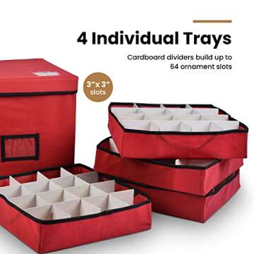 Holiday Cheer Premium Christmas Ornament Storage with 4 Tray – Christmas Storage Container with Dividers Perfect for Holiday Decorations– Fits 64 Holiday Ornaments – Tear-Proof Fabric