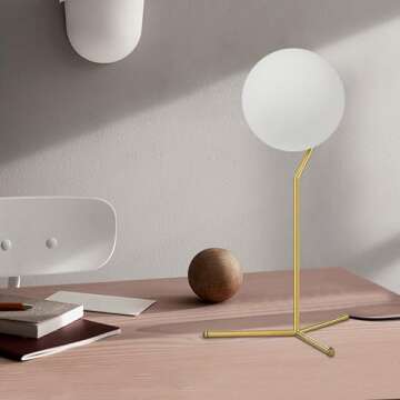 BOKT Modern 1-Light Glass Globe Table Lamp Contemporary Minimalist Tall Bedside Desk Nightstand Lamp Vintage Brush Gold Metal Table Light Frosted White Glass Ball Reading Lamp