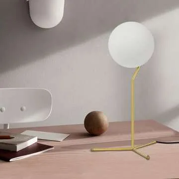 BOKT Modern 1-Light Glass Globe Table Lamp Contemporary Minimalist Tall Bedside Desk Nightstand Lamp Vintage Brush Gold Metal Table Light Frosted White Glass Ball Reading Lamp
