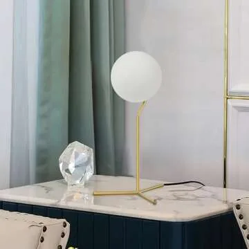 BOKT Modern 1-Light Glass Globe Table Lamp Contemporary Minimalist Tall Bedside Desk Nightstand Lamp Vintage Brush Gold Metal Table Light Frosted White Glass Ball Reading Lamp