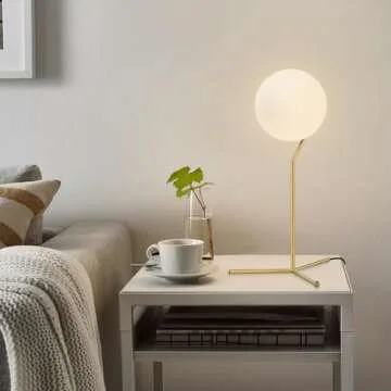 BOKT Modern 1-Light Glass Globe Table Lamp Contemporary Minimalist Tall Bedside Desk Nightstand Lamp Vintage Brush Gold Metal Table Light Frosted White Glass Ball Reading Lamp