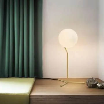 BOKT Modern 1-Light Glass Globe Table Lamp Contemporary Minimalist Tall Bedside Desk Nightstand Lamp Vintage Brush Gold Metal Table Light Frosted White Glass Ball Reading Lamp