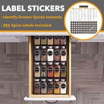 SpaceAid Spice Drawer Organizer with 20 Spice Jars, 386 Spice Labels, 4 Tier Seasoning Rack Tray Insert for Kitchen Drawers, 9-1/2" Wide x 17-1/2" Deep