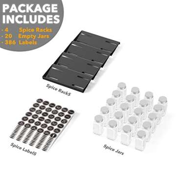 SpaceAid Spice Drawer Organizer with 20 Spice Jars, 386 Spice Labels, 4 Tier Seasoning Rack Tray Insert for Kitchen Drawers, 9-1/2" Wide x 17-1/2" Deep
