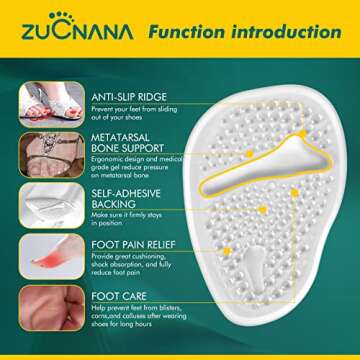 ZUCNANA Metatarsal Pads Ball of Foot Cushions (6 Pairs), Non Slip High Heel Cushion Inserts Women, One Size Fits All Shoe Inserts for Women and Men, Reusable Foot Pads All Day Pain Relief and Comfort