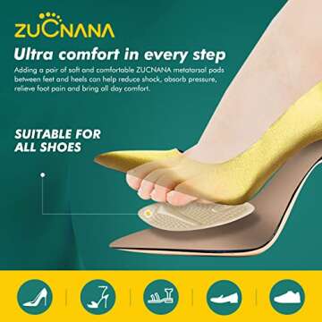 ZUCNANA Metatarsal Pads Ball of Foot Cushions (6 Pairs), Non Slip High Heel Cushion Inserts Women, One Size Fits All Shoe Inserts for Women and Men, Reusable Foot Pads All Day Pain Relief and Comfort