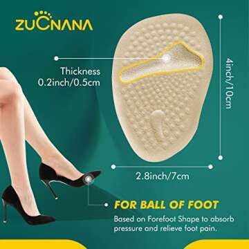 ZUCNANA Metatarsal Pads Ball of Foot Cushions (6 Pairs), Non Slip High Heel Cushion Inserts Women, One Size Fits All Shoe Inserts for Women and Men, Reusable Foot Pads All Day Pain Relief and Comfort