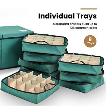 Holiday Cheer Premium Christmas Ornament Storage with 8 Tray – Christmas Storage Container with Dividers Perfect for Holiday Decorations– Fits 128 Holiday Ornaments – Tear-Proof Fabric