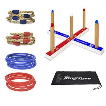 Ring Toss Game for Kids, Fun Ring Tossing Outdoor Game Set Carnival Games Set Indoor & Outdoor Game for Family and Friends with 16 Rings (8 Rope Rings, 8 Plastic Rings)