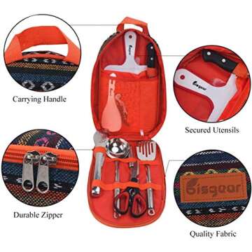 10pcs Backpacking Camping Cookware Kitchen Utensil BBQ Organizer Travel Mess Kit with Water Resistant Case, Cutting Board, Rice Paddle, Tongs, Scissors, Knife, Spork