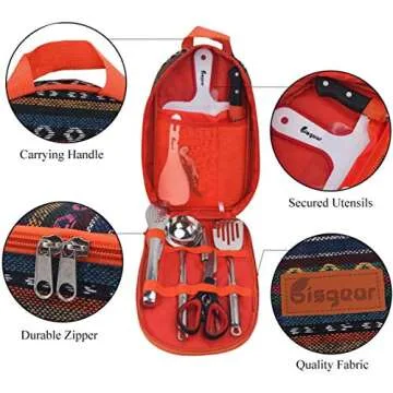 10pcs Backpacking Camping Cookware Kitchen Utensil BBQ Organizer Travel Mess Kit with Water Resistant Case, Cutting Board, Rice Paddle, Tongs, Scissors, Knife, Spork