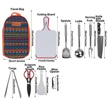 10pcs Backpacking Camping Cookware Kitchen Utensil BBQ Organizer Travel Mess Kit with Water Resistant Case, Cutting Board, Rice Paddle, Tongs, Scissors, Knife, Spork