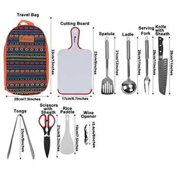 10pcs Backpacking Camping Cookware Kitchen Utensil BBQ Organizer Travel Mess Kit with Water Resistant Case, Cutting Board, Rice Paddle, Tongs, Scissors, Knife, Spork