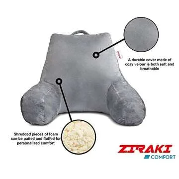 ZIRAKI Large Reading Pillow & TV Relax Sitting Pillow - Back Rest with Arms - Shredded Foam, Perfect for Adults, Teens, and Kids - for Back, Pregnancy Lumbar, Head Neck Coccyx Support, Plush Cushion