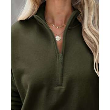 Dressmine Womens Winter Sweatshirt Tunics Lapel Collar Long Sleeve Solid Basic Half Zip Pullover Tops Army Green Small