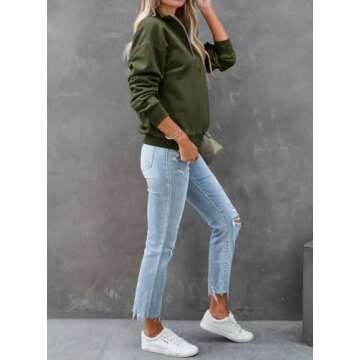 Dressmine Womens Winter Sweatshirt Tunics Lapel Collar Long Sleeve Solid Basic Half Zip Pullover Tops Army Green Small