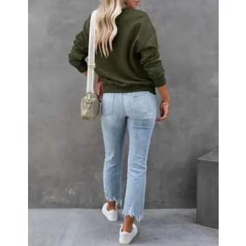 Dressmine Womens Winter Sweatshirt Tunics Lapel Collar Long Sleeve Solid Basic Half Zip Pullover Tops Army Green Small
