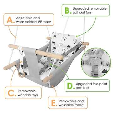 Baby Swing for Infants to Toddlers,Indoor Outdoor Wooden Hanging Swing Seat with Safety Belt and Mounting Hardware, Suitable for Ages Up to 3,Little Cloud