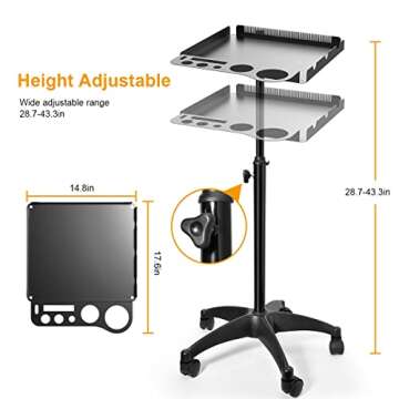 Salon Tray on Wheels with 2 Magnetic Bowls, Rolling Metal Aluminum Tray Cart Height Adjustable for Hair Stylist, Hair Extension Tool Tray, Tattoo Tray with Hair Stickless Wheels