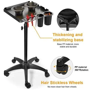 Salon Tray on Wheels with 2 Magnetic Bowls, Rolling Metal Aluminum Tray Cart Height Adjustable for Hair Stylist, Hair Extension Tool Tray, Tattoo Tray with Hair Stickless Wheels