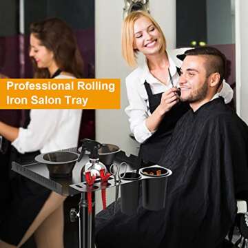Salon Tray on Wheels with 2 Magnetic Bowls, Rolling Metal Aluminum Tray Cart Height Adjustable for Hair Stylist, Hair Extension Tool Tray, Tattoo Tray with Hair Stickless Wheels