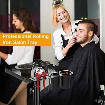 Salon Tray on Wheels with 2 Magnetic Bowls, Rolling Metal Aluminum Tray Cart Height Adjustable for Hair Stylist, Hair Extension Tool Tray, Tattoo Tray with Hair Stickless Wheels