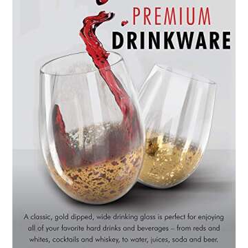 Kitchen Lux Gold Rimmed Stemless Wine Glasses, 18oz – Set of 12 Elegant Cocktail Tumblers – Premium Glass Drinking Cups – Deluxe Gift Pack - Dishwasher Safe