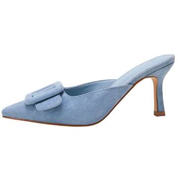 VETASTE Women's Heeled Mules Pointed Toe Suede Buckle Slip On Sandals Kitten Heels Party Wedding Sho...