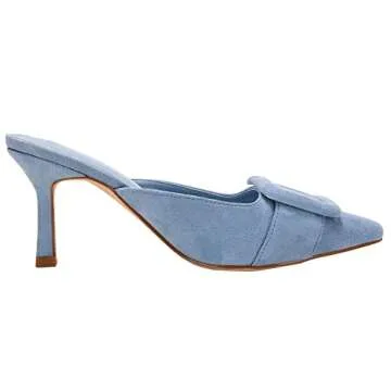VETASTE Women's Heeled Mules Pointed Toe Suede Buckle Slip On Sandals Kitten Heels Party Wedding Shoes