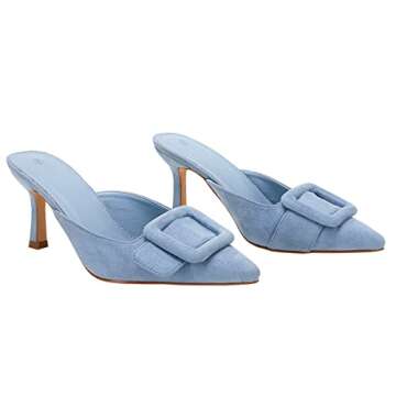 VETASTE Women's Heeled Mules Pointed Toe Suede Buckle Slip On Sandals Kitten Heels Party Wedding Shoes