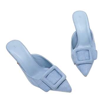 VETASTE Women's Heeled Mules Pointed Toe Suede Buckle Slip On Sandals Kitten Heels Party Wedding Shoes