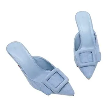 VETASTE Women's Heeled Mules Pointed Toe Suede Buckle Slip On Sandals Kitten Heels Party Wedding Shoes