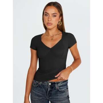 Trendy Queen Womens V Neck T-Shirts Going Out Tops Short Sleeve Slim Fit Basic Y2K Clothes 2025 Black M