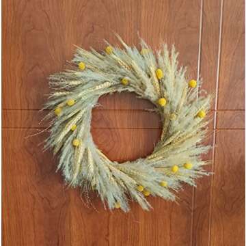 Rustic Dried Nature Flower Big Herb Wreath 18’’, Christmas Wreath Wall Hanging Decoration, Natural Pampas Grass,Wheat, Billy Button Balls for Window and Door Décor