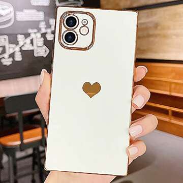 Urarssa Compatible with iPhone 12 Case Rectangle Cute Plating Gold Luxury Love Heart Phone Case for ...