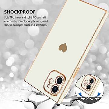 Urarssa Compatible with iPhone 12 Case Rectangle Cute Plating Gold Luxury Love Heart Phone Case for Women Girls Shockproof Raised Full Camera Lens Protection Bumper Cover for iPhone 12, White
