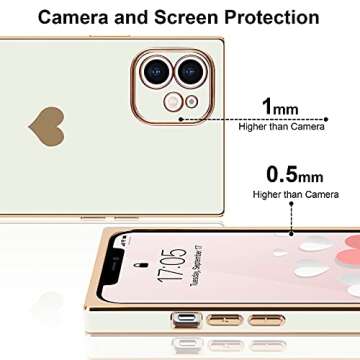 Urarssa Compatible with iPhone 12 Case Rectangle Cute Plating Gold Luxury Love Heart Phone Case for Women Girls Shockproof Raised Full Camera Lens Protection Bumper Cover for iPhone 12, White